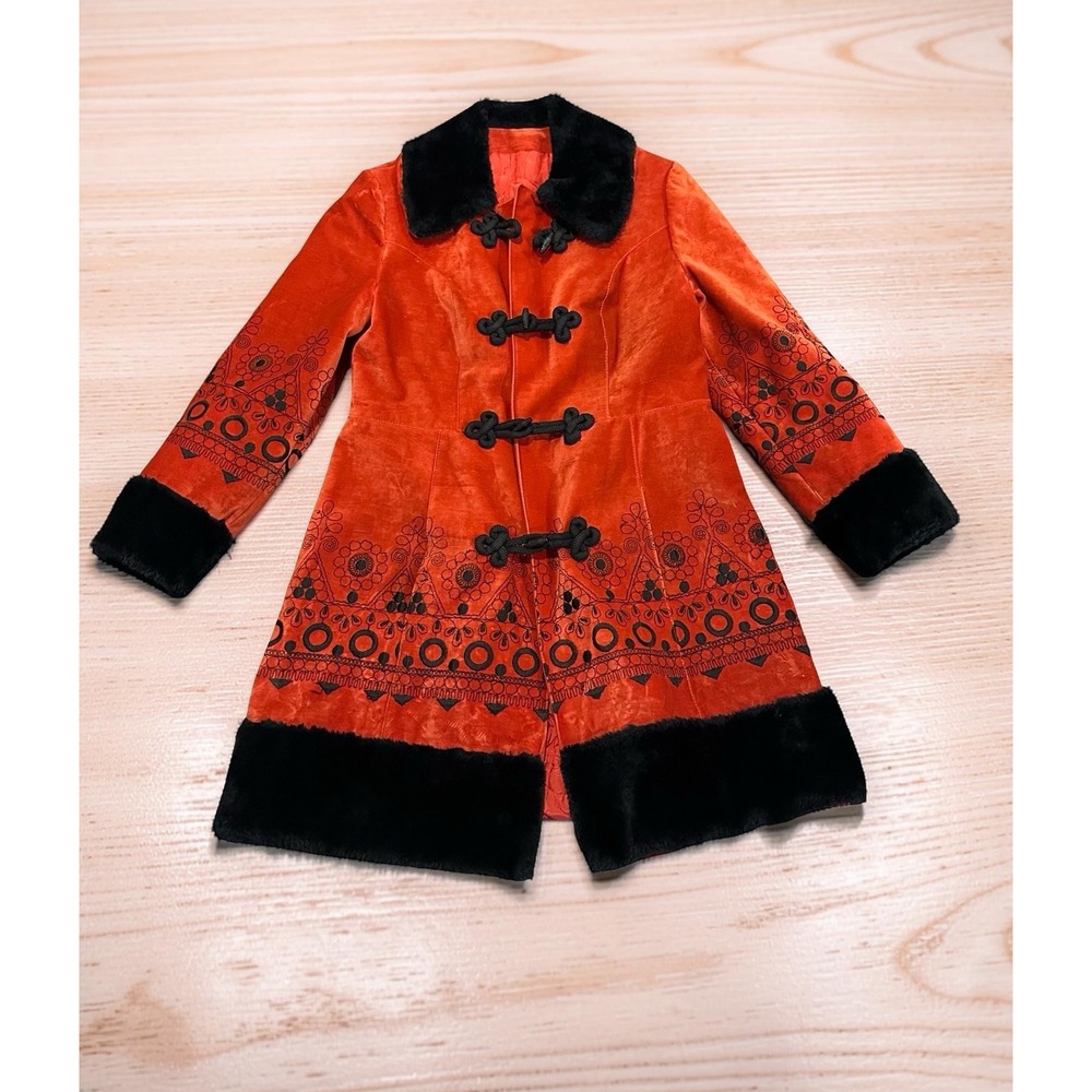 Vintage Country Pacer Burnt Orange Velvet Embroidered Faux Fur Toggle Coat Mens